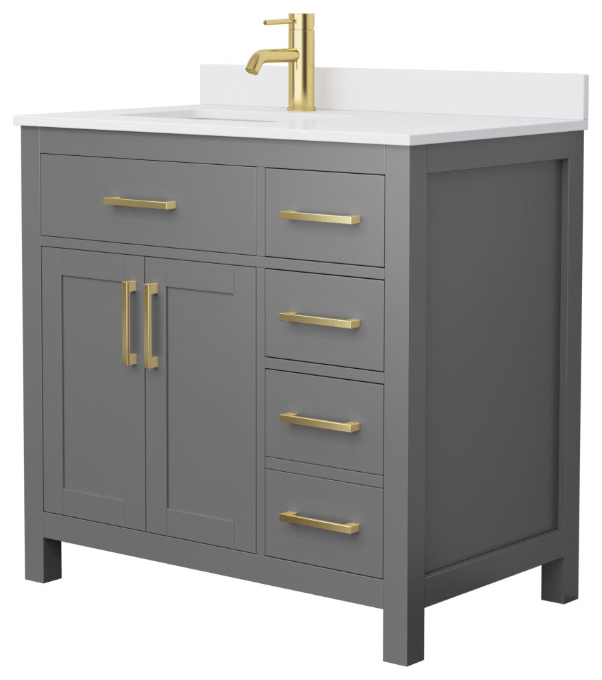36" Single Bath Vanity Dark Gray, White Cult. Marble Countertop, Sink, Gold Trim
