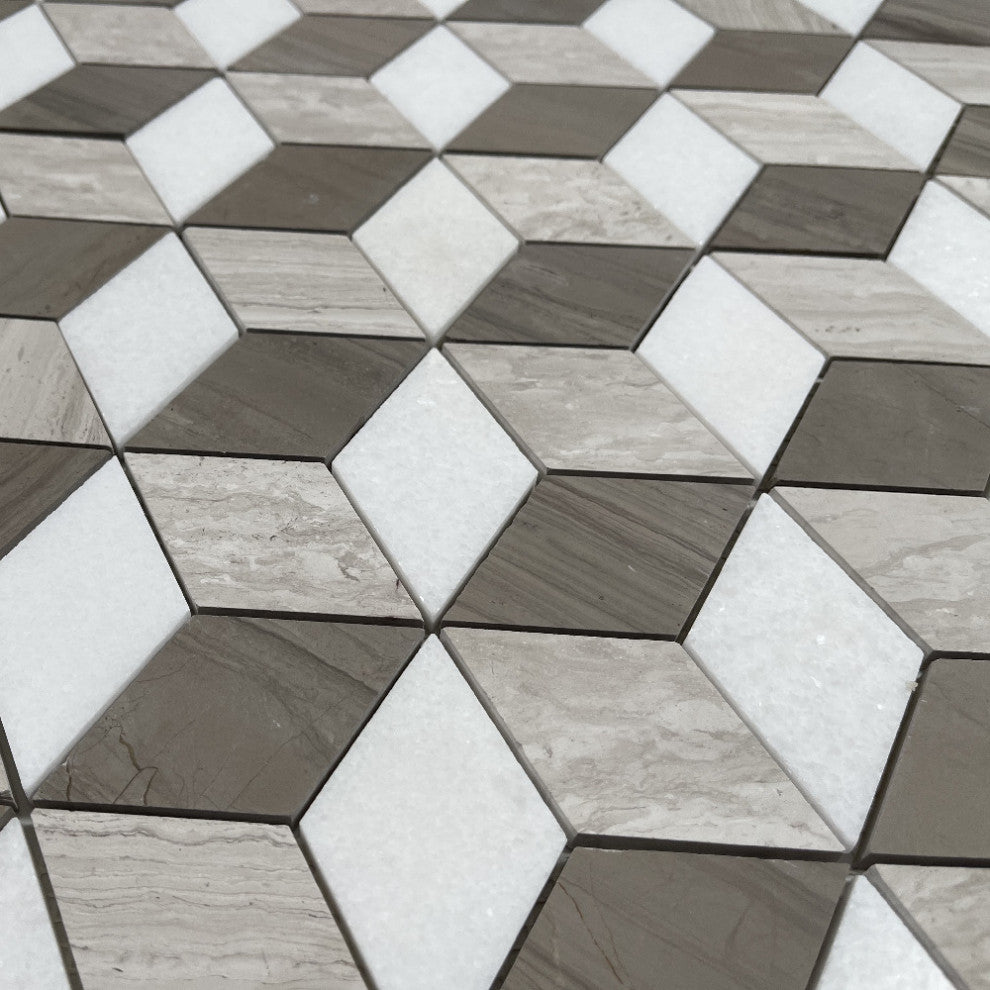 Athens Silver Cream Marble 3D Cube Diamond Geometry Hex Mosaic Tile, 1 sheet