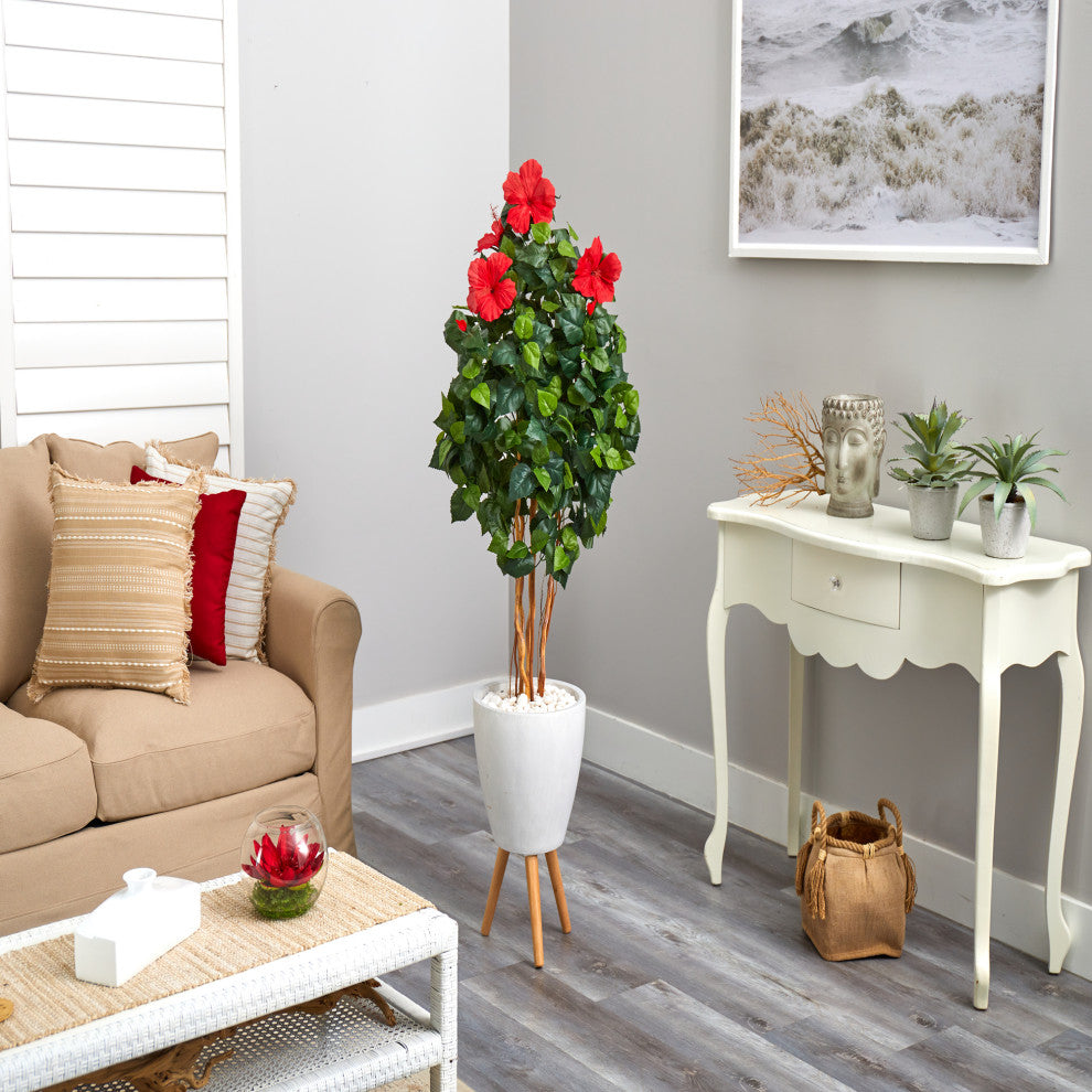 58" Hibiscus Artificial Tree, White Planter With Stand