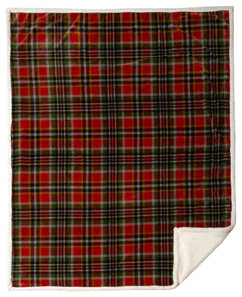 Rust and Sage Plaid Sherpa Throw Blanket, 54"x68"