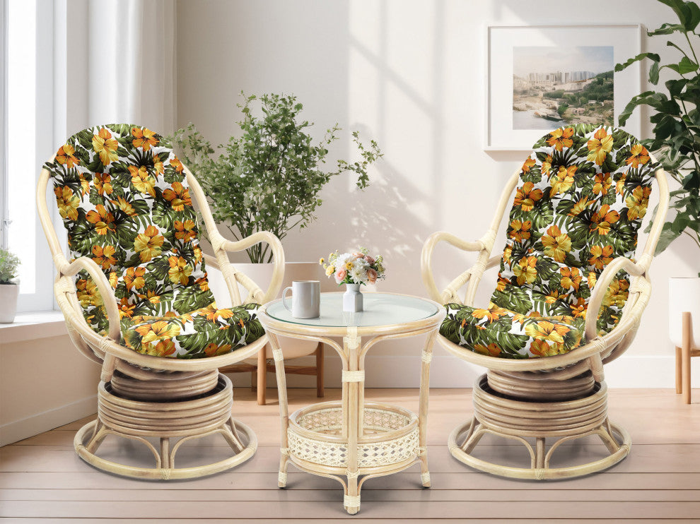 Java Lounge Swivel Rocking Chair Rattan Wicker, White Wash, Floral Cushion