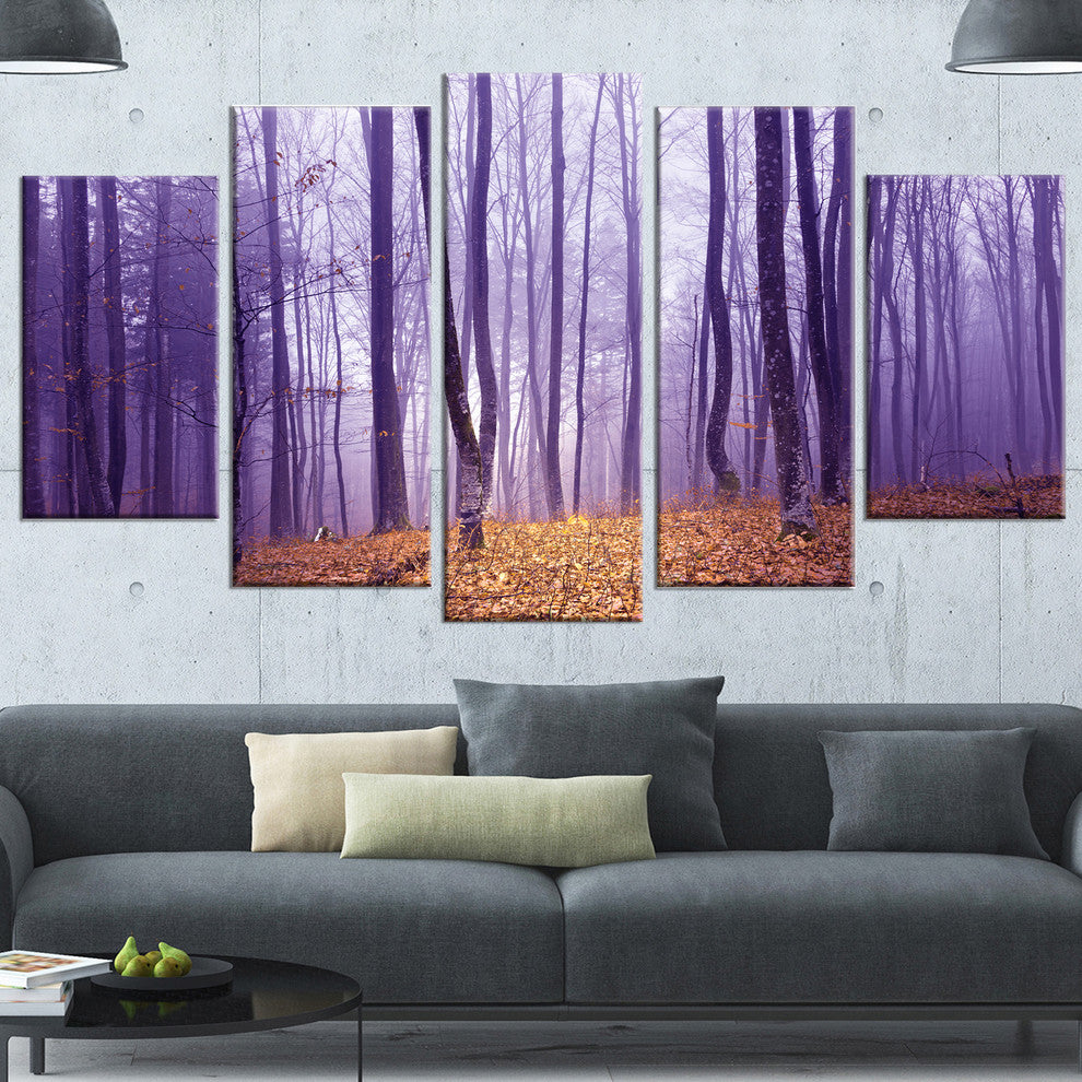 Magenta Foggy Fairytale Forest, Forest Canvas Art Print, 60"x32", 5 Panels