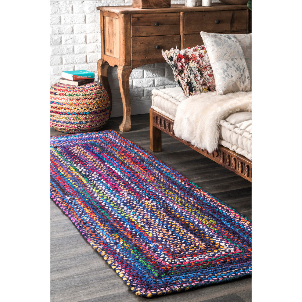 nuLOOM Braided Cotton Tammara Bohemian Striped Area Rug, Blue, 2'6"x6'