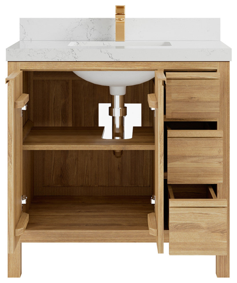 Elizabeth 36 Center Sink Bath Vanity in Light Natural Teak 2" Empira Quartz