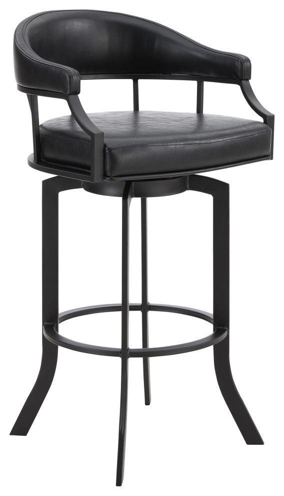 Pharaoh Swivel Black Powder Coated and Black Faux Leather Metal Bar Stool, 26"
