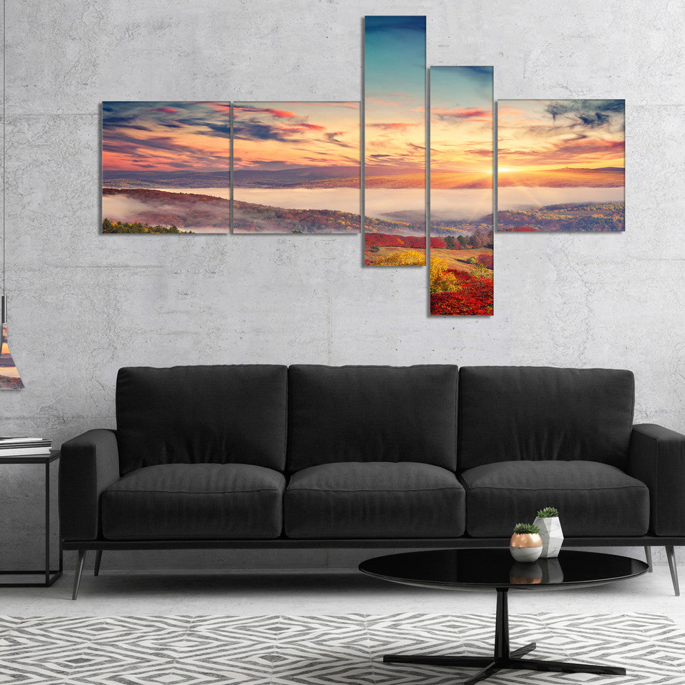 Colorful Sunset in Foggy Mountains, Landscape Canvas Print, 60"x32", 5 panels