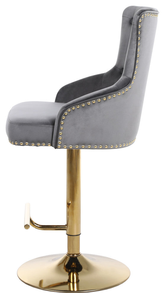 Claude Velvet Upholstered Adjustable Stool, Gray, Gold Base