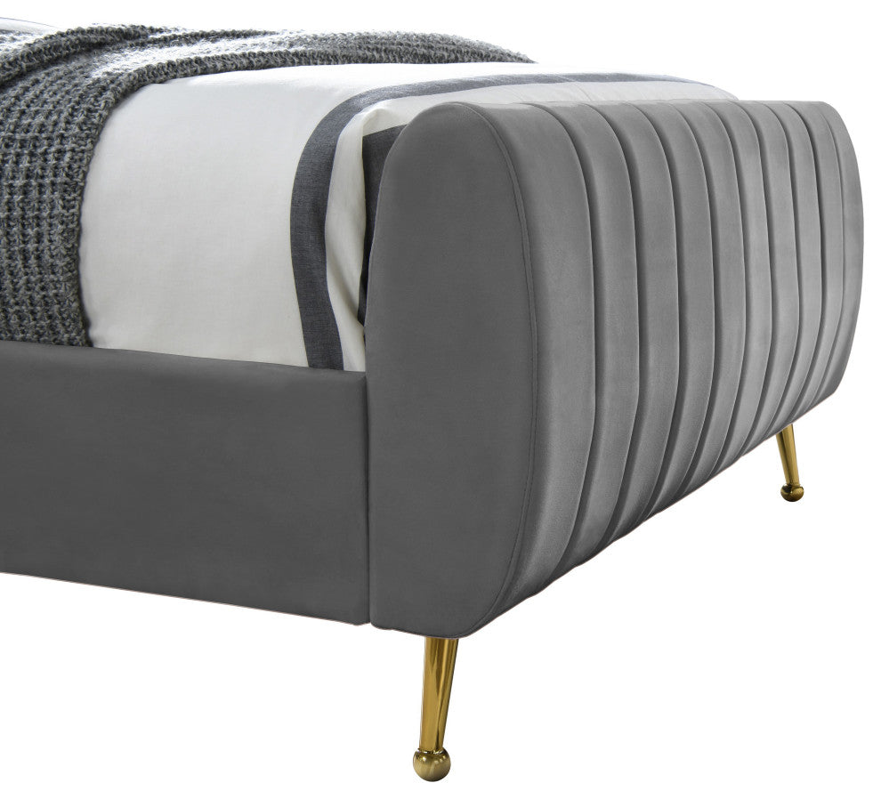 Zara Channel Tufted Velvet Upholstered Bed With Custom Gold Legs, Gray, King