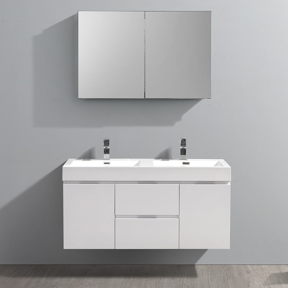 Valencia 48" Glossy White Wall Hung Double Sink Vanity, Faucet FFT9151CH