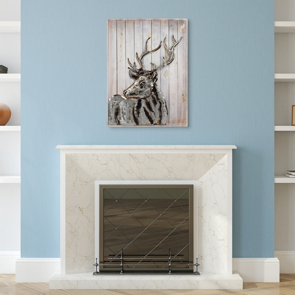 "Deer 2" Hand Painted Iron Wall Sculpture on Slatted Solid Wood Wall Art 40"x30"