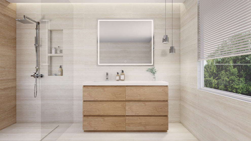 Alston 60" Free Standing Modern Vanity, New England Oak, Glossy White Top