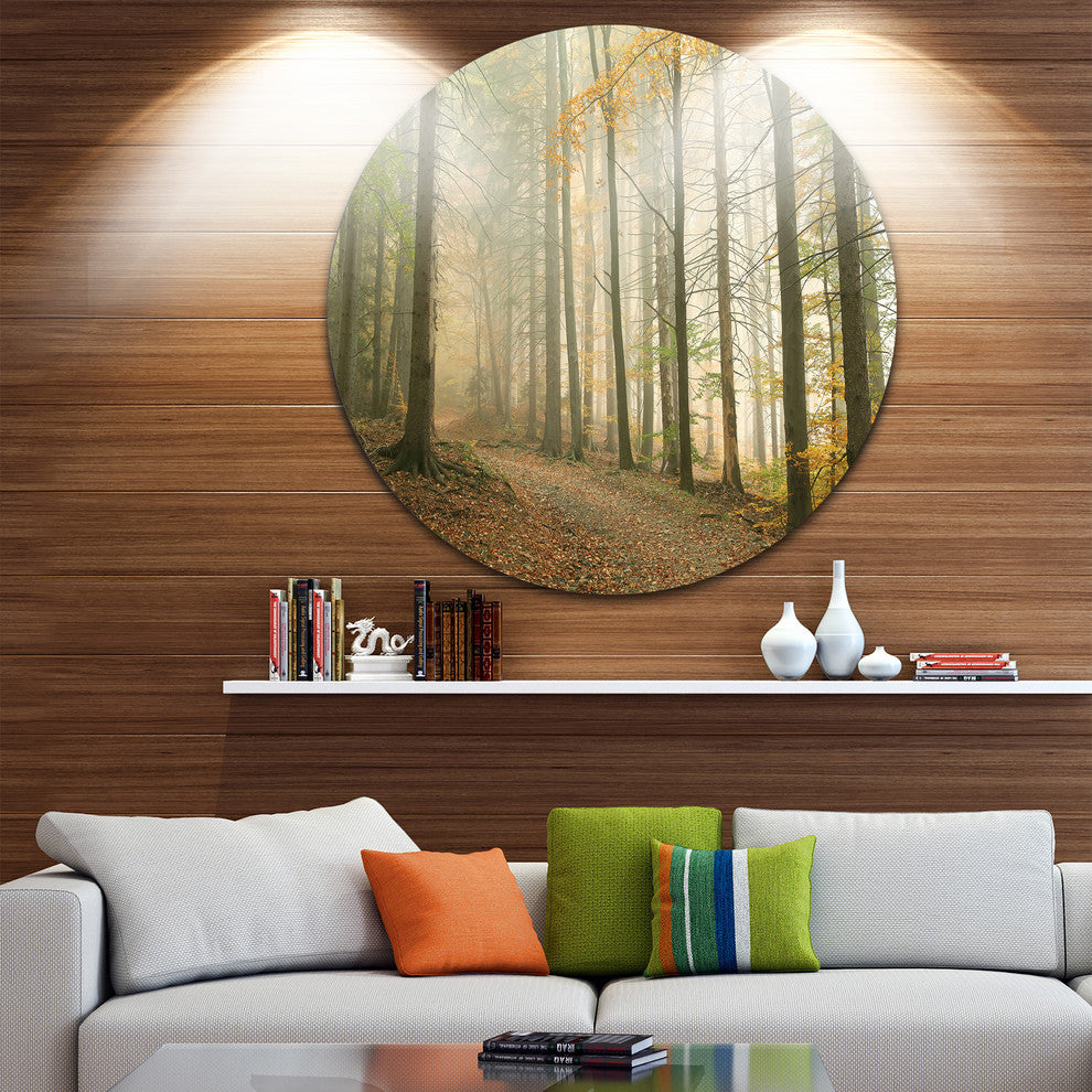 Path In Misty Autumn Forest, Landscape Photo Disc Metal Wall Art, 11"