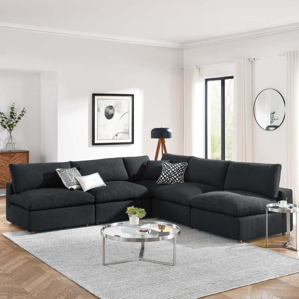 Commix Down Filled Overstuffed Boucle Fabric 5-Piece Sectional Sofa, Black