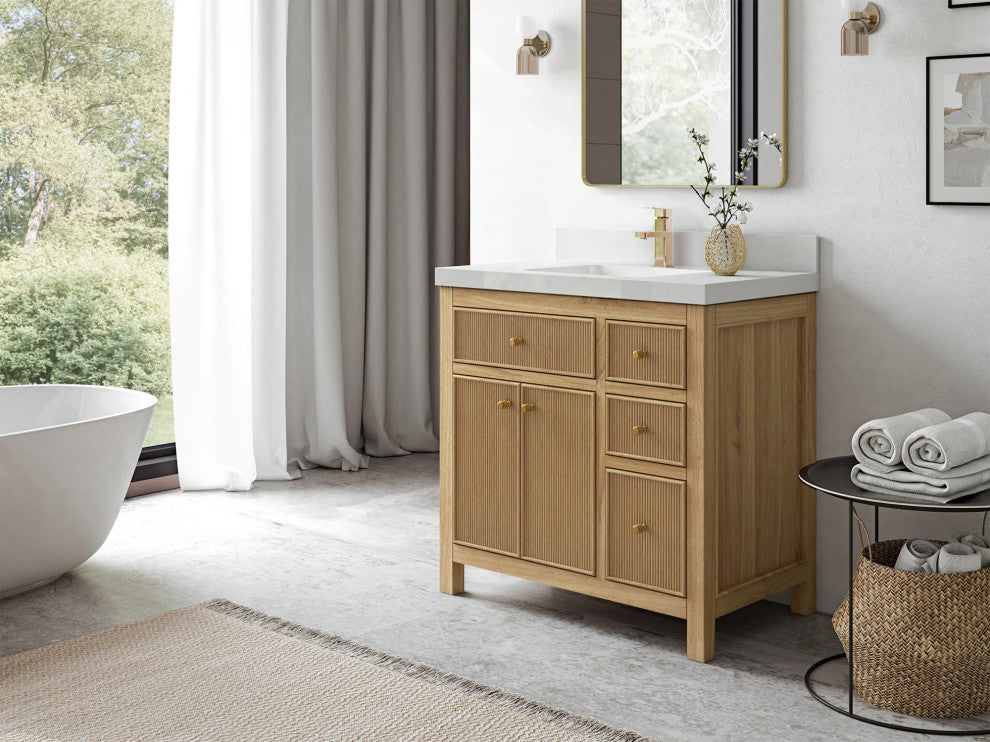 Sonoma 36 Center Sink Bath Vanity in Light Natural Teak with 2" White Quartz