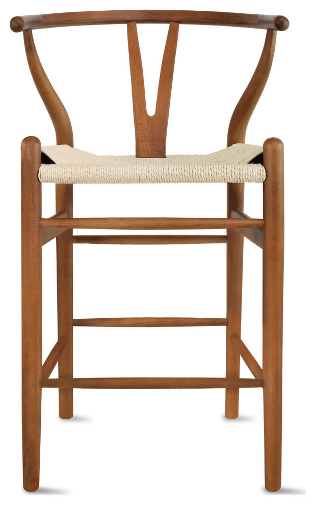 Set of 2 Wishbone Wood Elbow Barstool with Y Back, Woven Beige Seat, Espresso