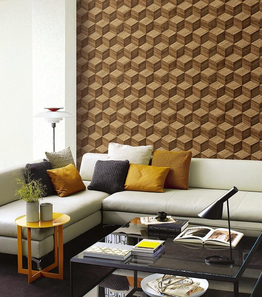 Natural Faux 2, Geometric Stone Wood Rustic Wallpaper, Cream, Roll, 21"x33'