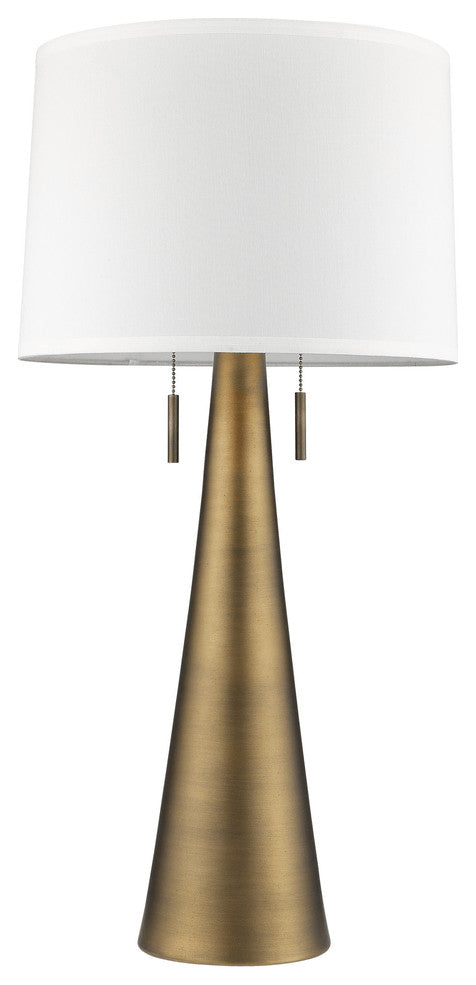 34" Brass Metal Two Light Table Lamp With White Empire Shade