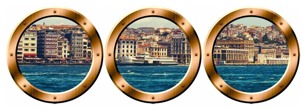 VWAQ City Skyline Wall Murals, Porthole Cityscape Stickers, Peel and Stick Decal