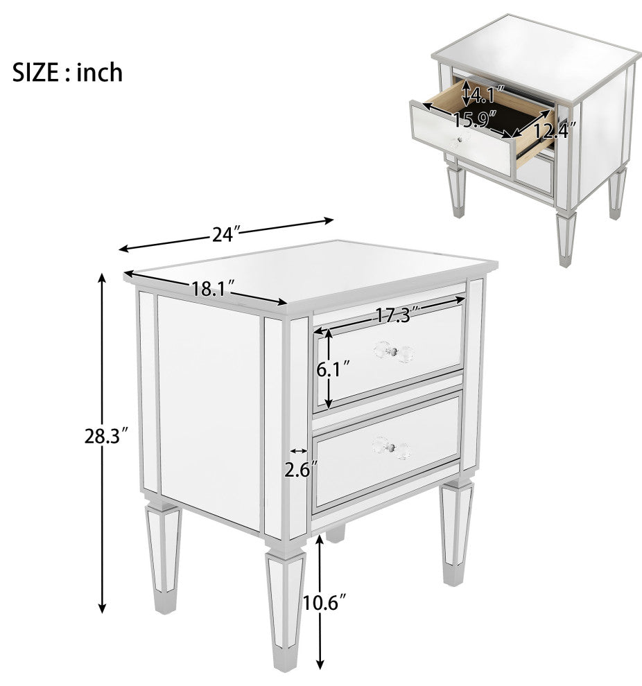 2-Drawer Mirrored Nightstand in Silver