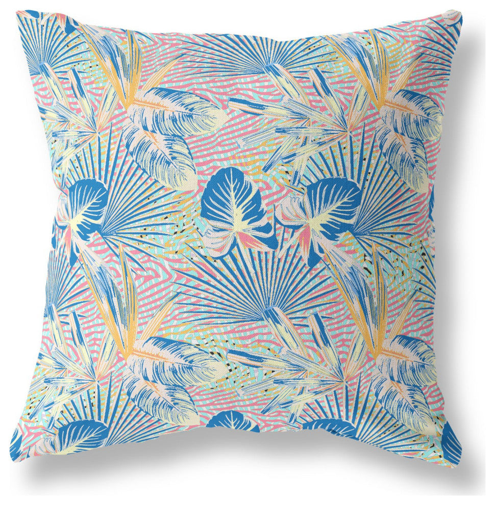 26" Blue Pink Tropical Indoor Outdoor Throw Pillow