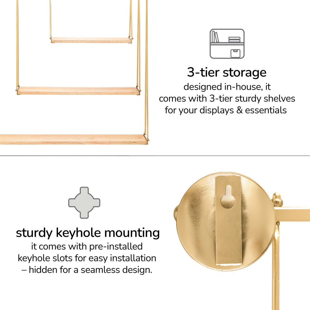 Luna Three Tier Wall Mounted Shelf, Gold, Natural Wood