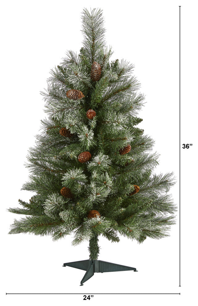 3' Snowed French Mountain Pine Faux Xmas Tree W/Bendable Branches & Pinecones