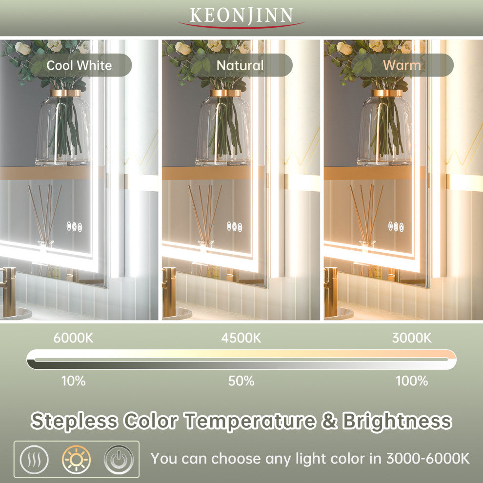 Bathroom Wall Mirror, Frontlit/Backlit, Dimmable, 30"x36"