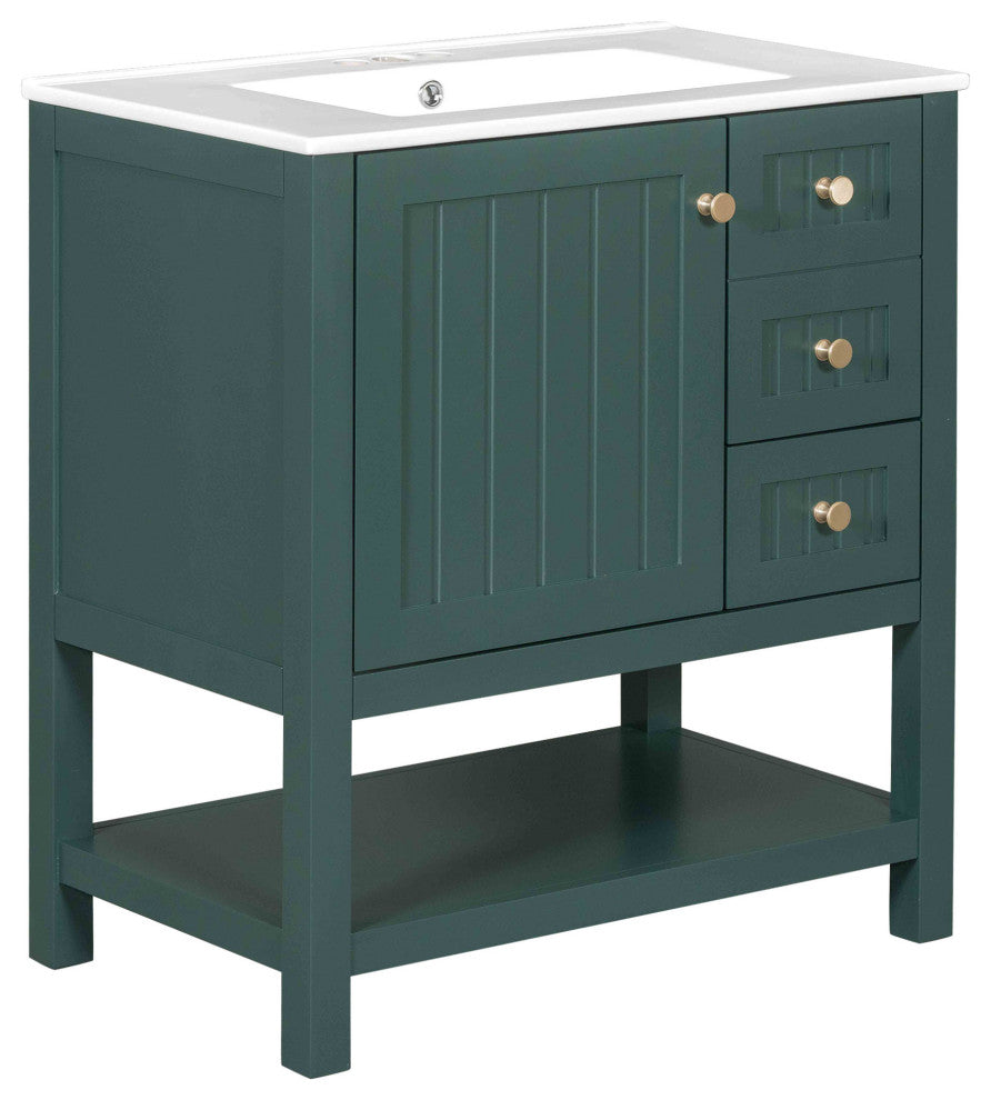 30 Inch Transitional Style Bathroom Vanity Cabinet Combo with Ceramic Sink, Green