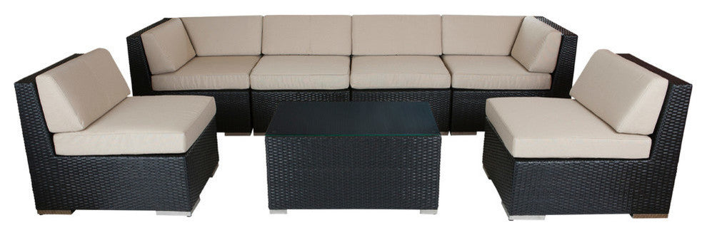 Ohana 7-Piece Deep Seating Sectional Set, Beige, Black Wicker