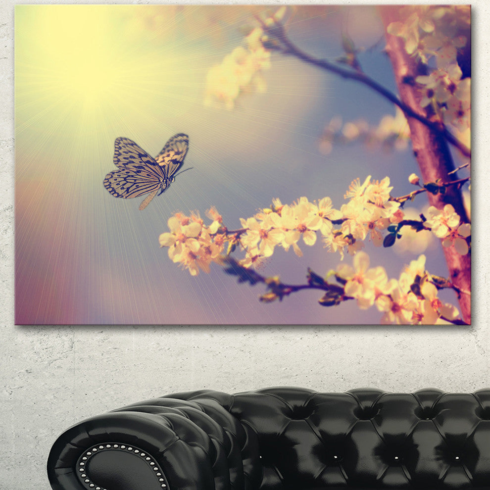 Vintage Butterfly and Cherry Tree, Large Floral Canvas Art Print, 60"x28"