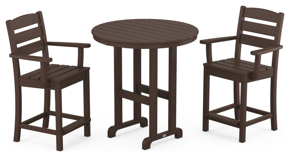POLYWOOD Lakeside 3-Piece Round Farmhouse Arm Chair Counter Set, Mahogany