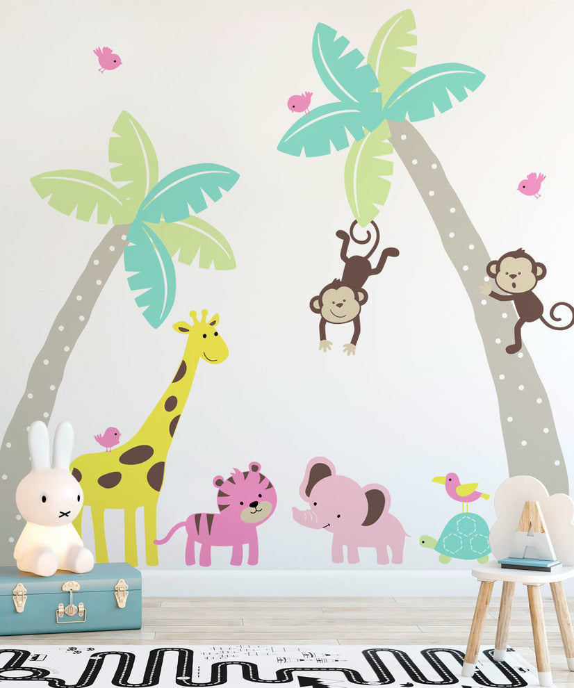 Palm Trees with Cute Jungle Animals Wall Decal, Scheme C