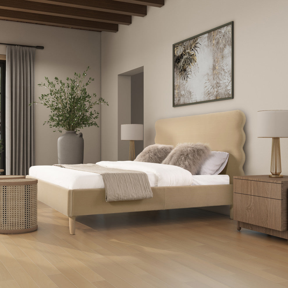 Stockholm Modern Wavy Headboard Platform Bed, Fawn Brown Performance Velvet, Queen