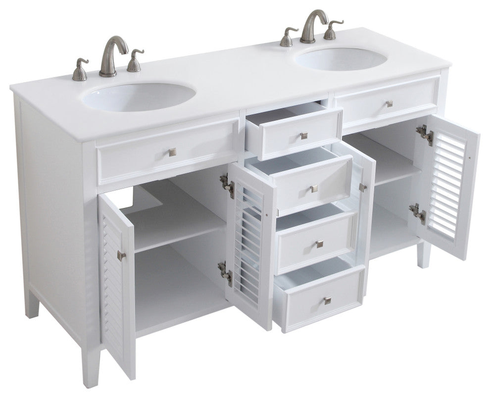 60" Double Bathroom Vanity, White With Ivory White Engineered Marble