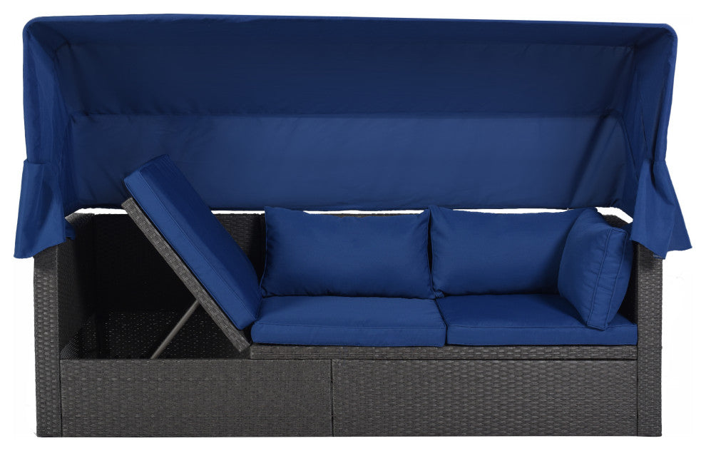 4-Piece Outdoor Wicker Sectional Patio Daybed with Canopy and Ottoman, Black Blu