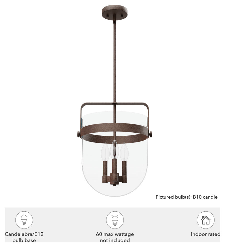 Karloff Textured Rust, Clear Glass 3 Light Pendant Ceiling Light