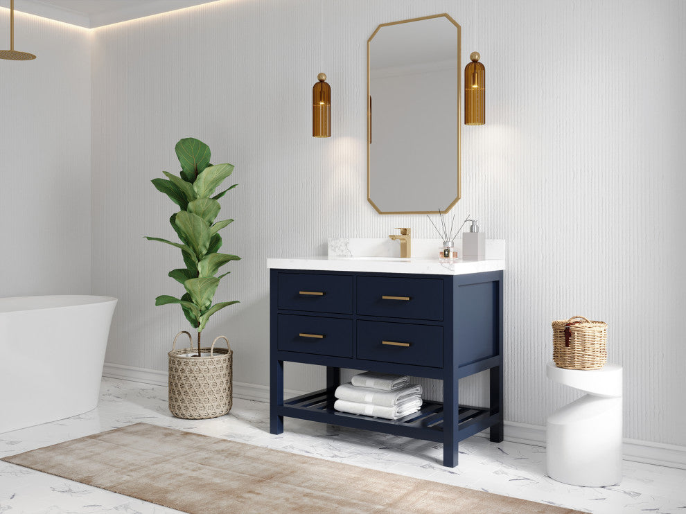 Parker 42 Single Sink Bath Vanity in Navy Blue  2" White Quartz