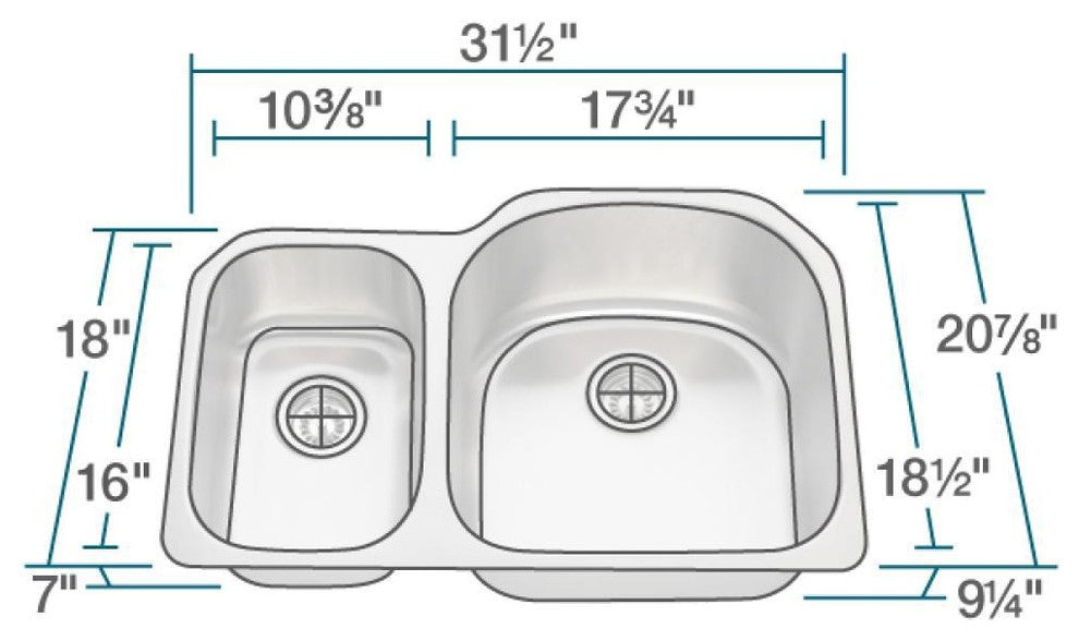 31.5" Undermount Stainless Steel 30/70 Double Bowl Kitchen Sink and Faucet Set