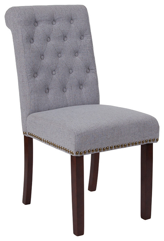 Light Gray Fabric Parsons Chair With Nail Head Trim and Walnut Finish