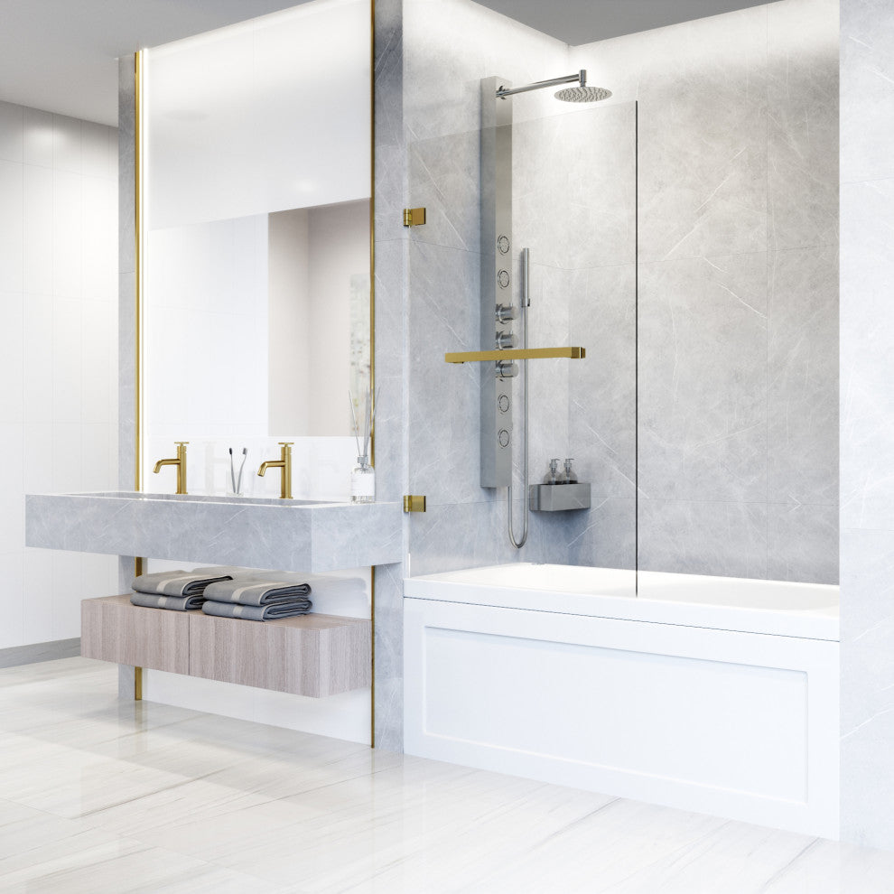 VIGO Rialto 34" W x 58" H Frameless Hinged Tub Door, Matte Brushed Gold, Clear Glass