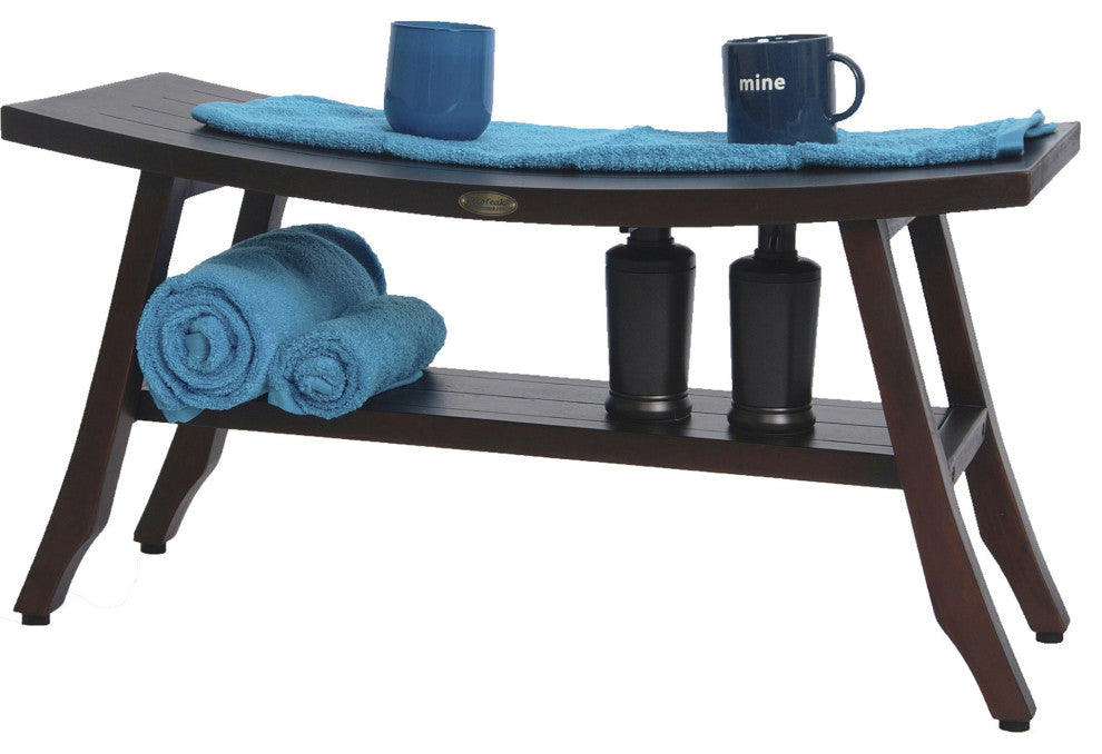 HomeRoots Contemporary Teak Shower Bench With Shelf, Brown Finish