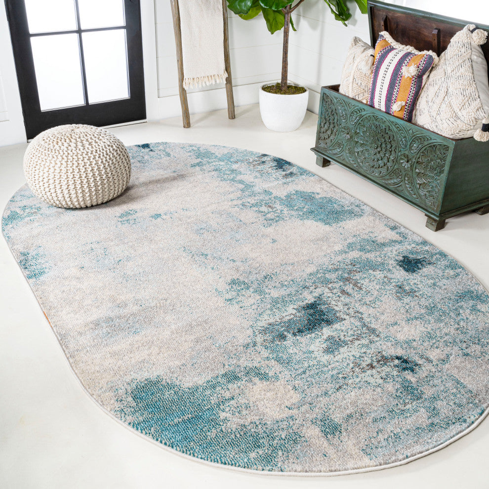 Contemporary POP Modern Abstract Vintage Area Rug, Cream and Blue, 3x5 Oval