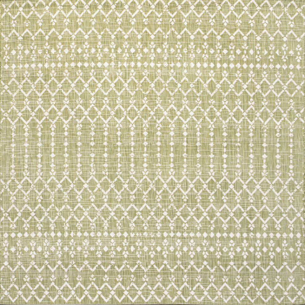 Ourika Moroccan Geometric Indoor/Outdoor Rug, Light Green/Cream, 5' Square