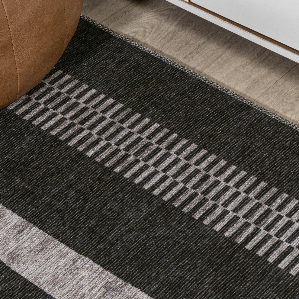 Vichy Geometric Striped Machine-Washable Area Rug, Black/Ivory, 2x8