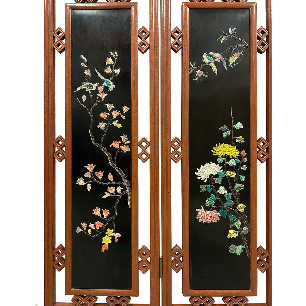 Consigned Vintage Chinese Folding Screen/Room Divider With Soapstone Inlay