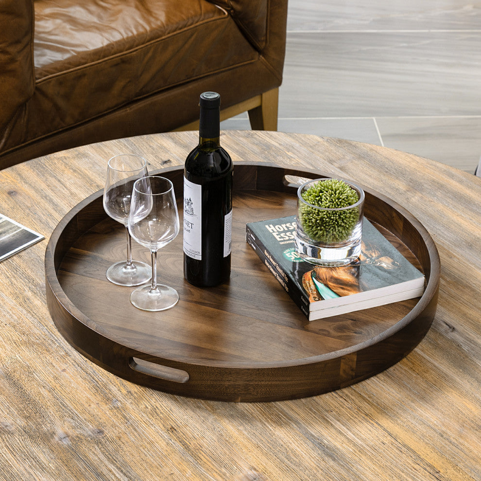 Round Black Walnut Solid Wood Tray Ottoman Tray, 24inch