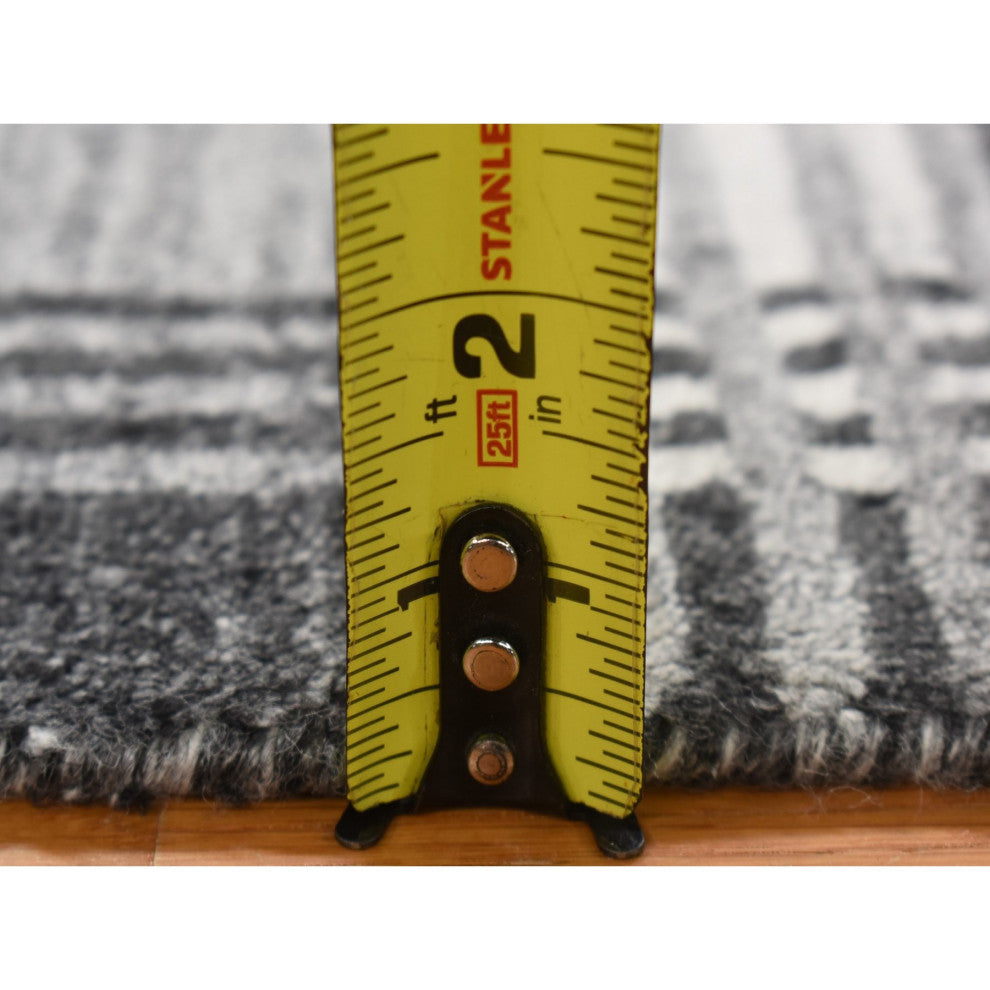 Charcoal Gray Modern Plaid Design Hand Loomed 100% Wool Oriental Rug 1'10"x2'10"