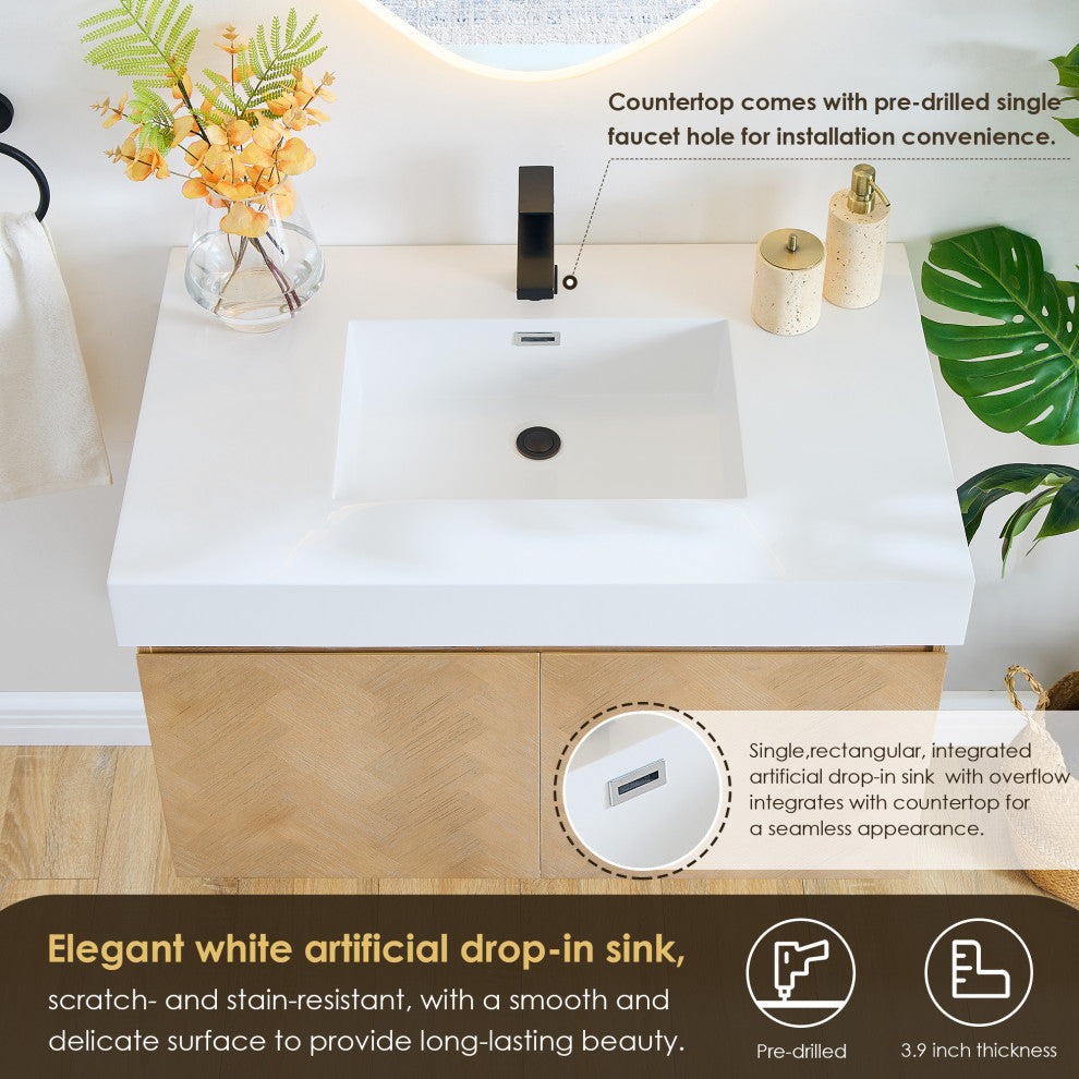 Siena Wall-mounted Single Bath Vanity, Light Brown, 36inch, No Mirror