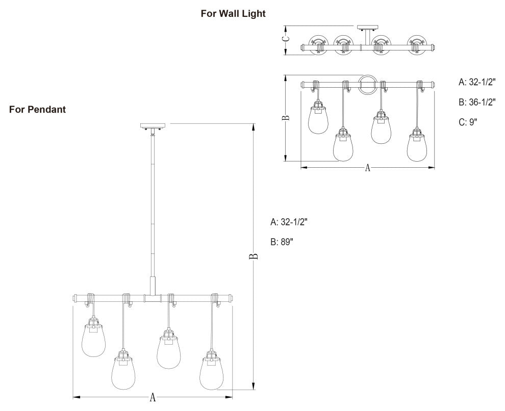 Vaxcel Kassidy 4-Light Dual Mount Pendant/Wall Light, Black, Brass