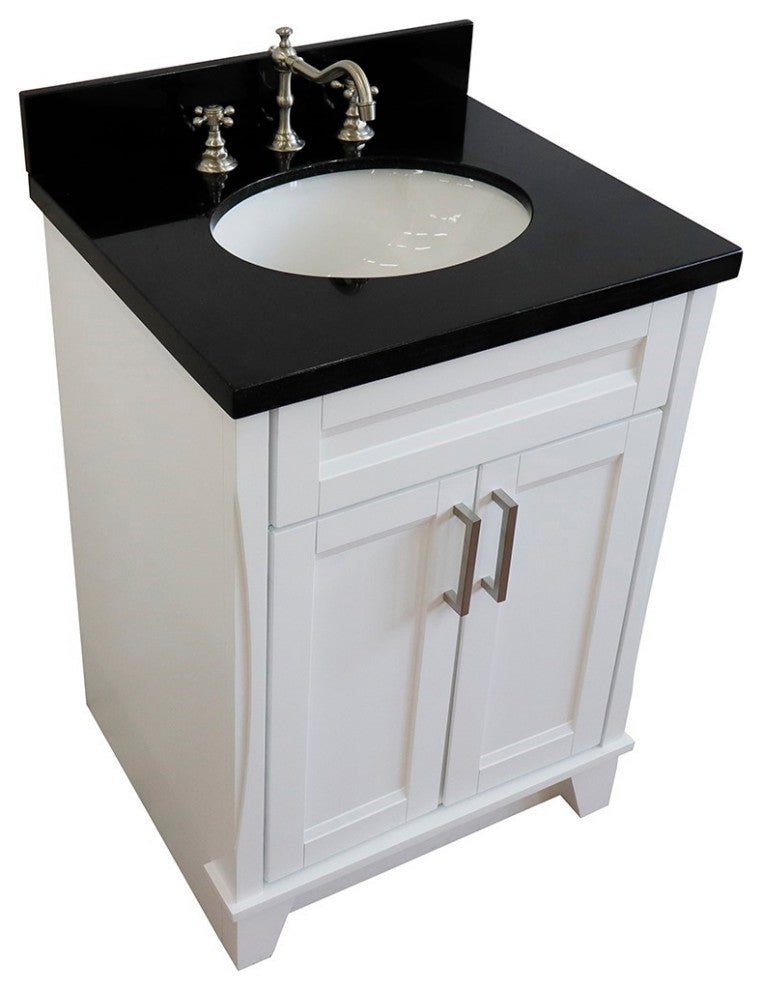 25" Single Sink Vanity, White Finish With Black Galaxy Granite And Oval Sink